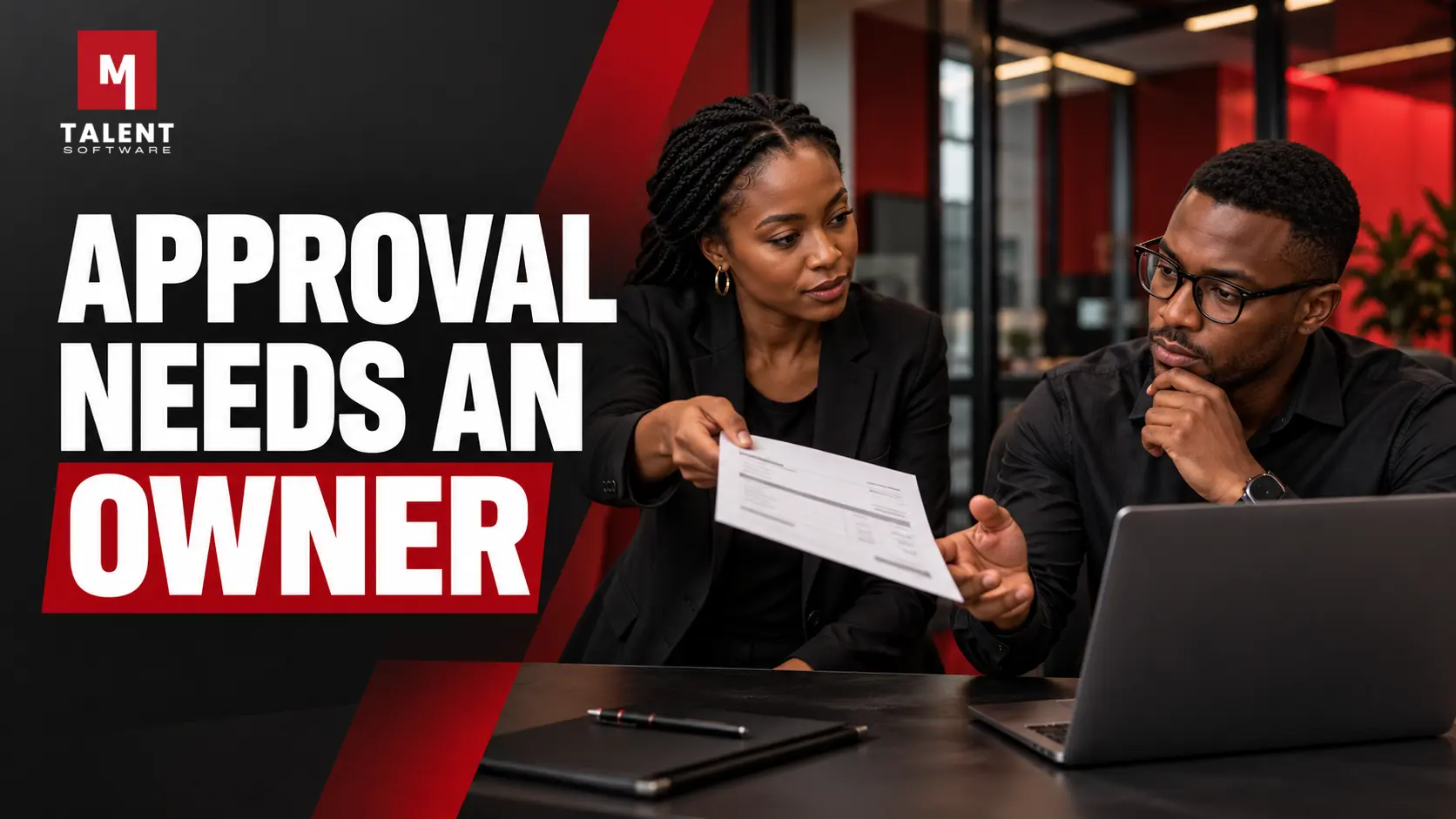 Two accounts professionals reviewing a supplier invoice and assigning approval ownership