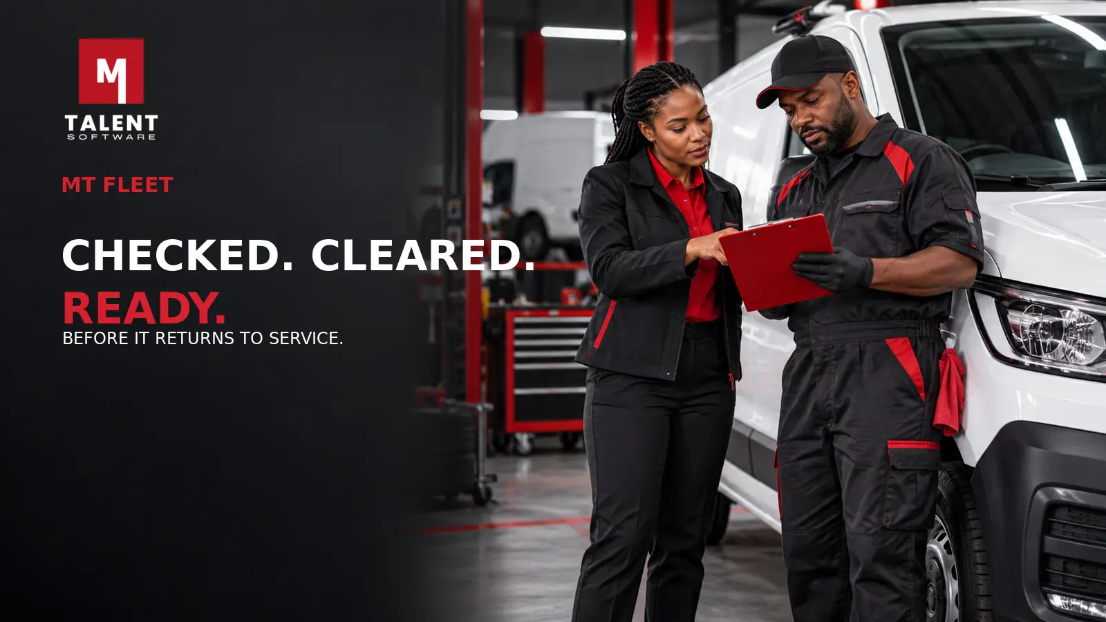 Fleet manager and vehicle technician completing a maintenance release check beside a commercial van