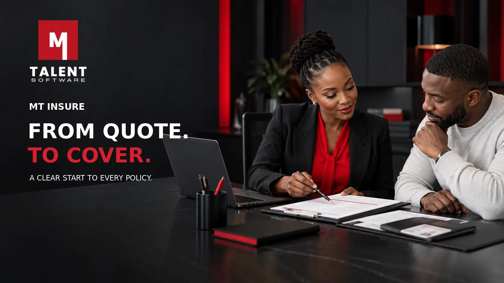 Insurance adviser reviewing policy onboarding details with a client