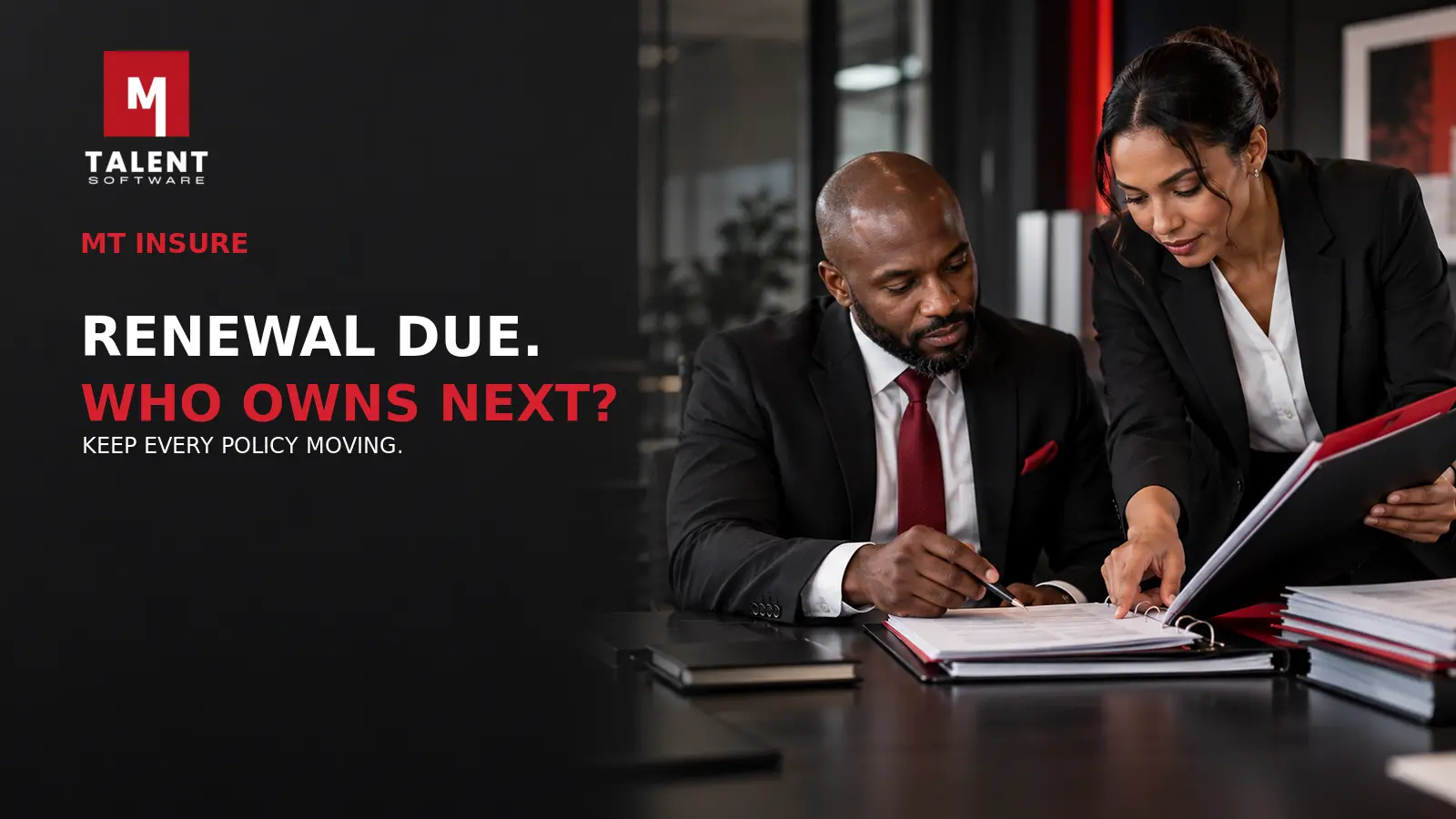 Insurance adviser and colleague reviewing a policy renewal timeline and client file