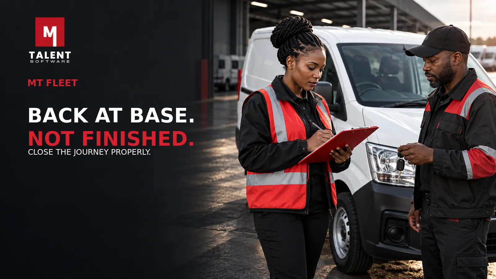 Fleet coordinator and driver completing a vehicle return handover beside a company van