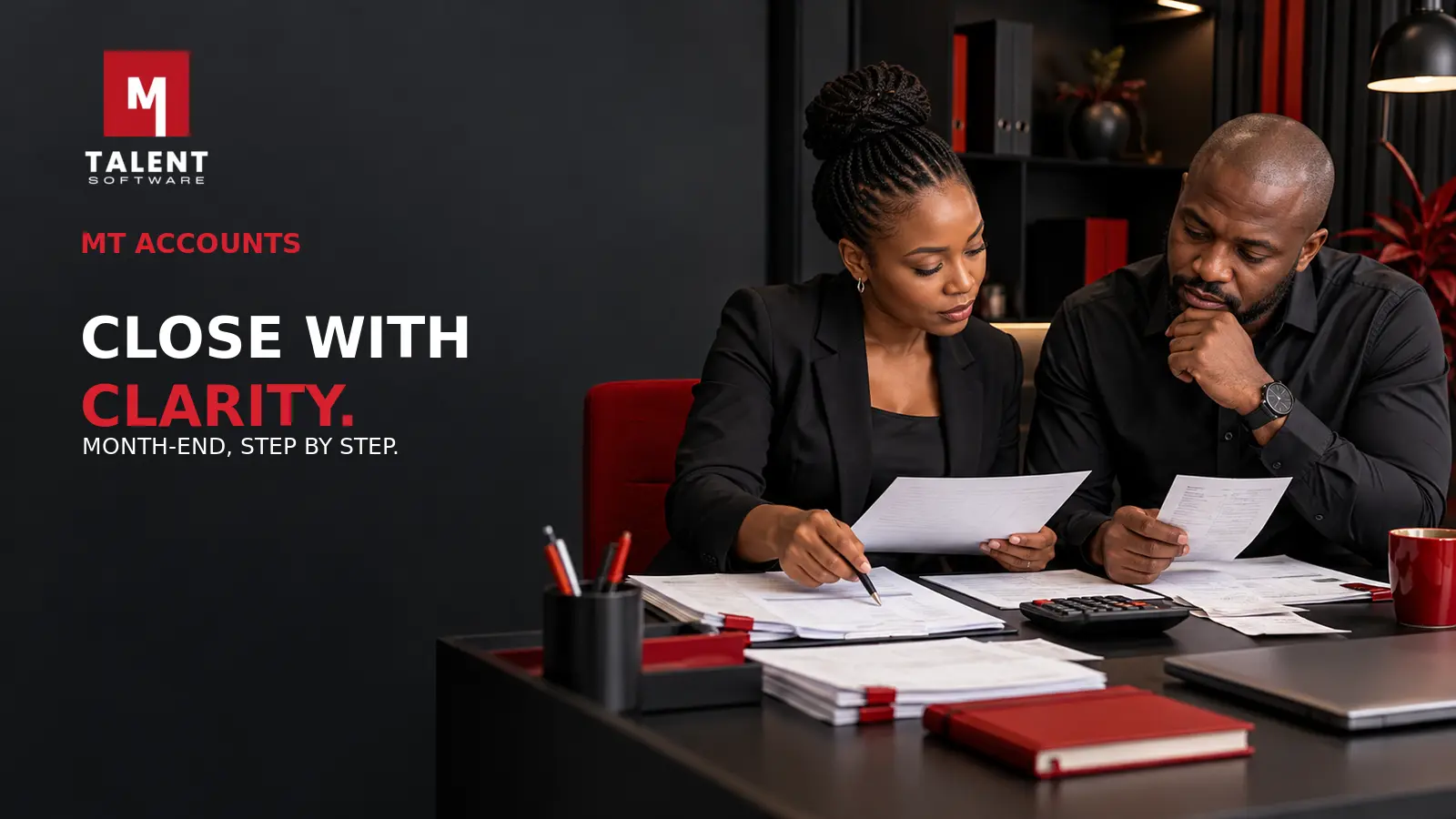 Accounts manager and business owner reviewing invoices and a month-end checklist