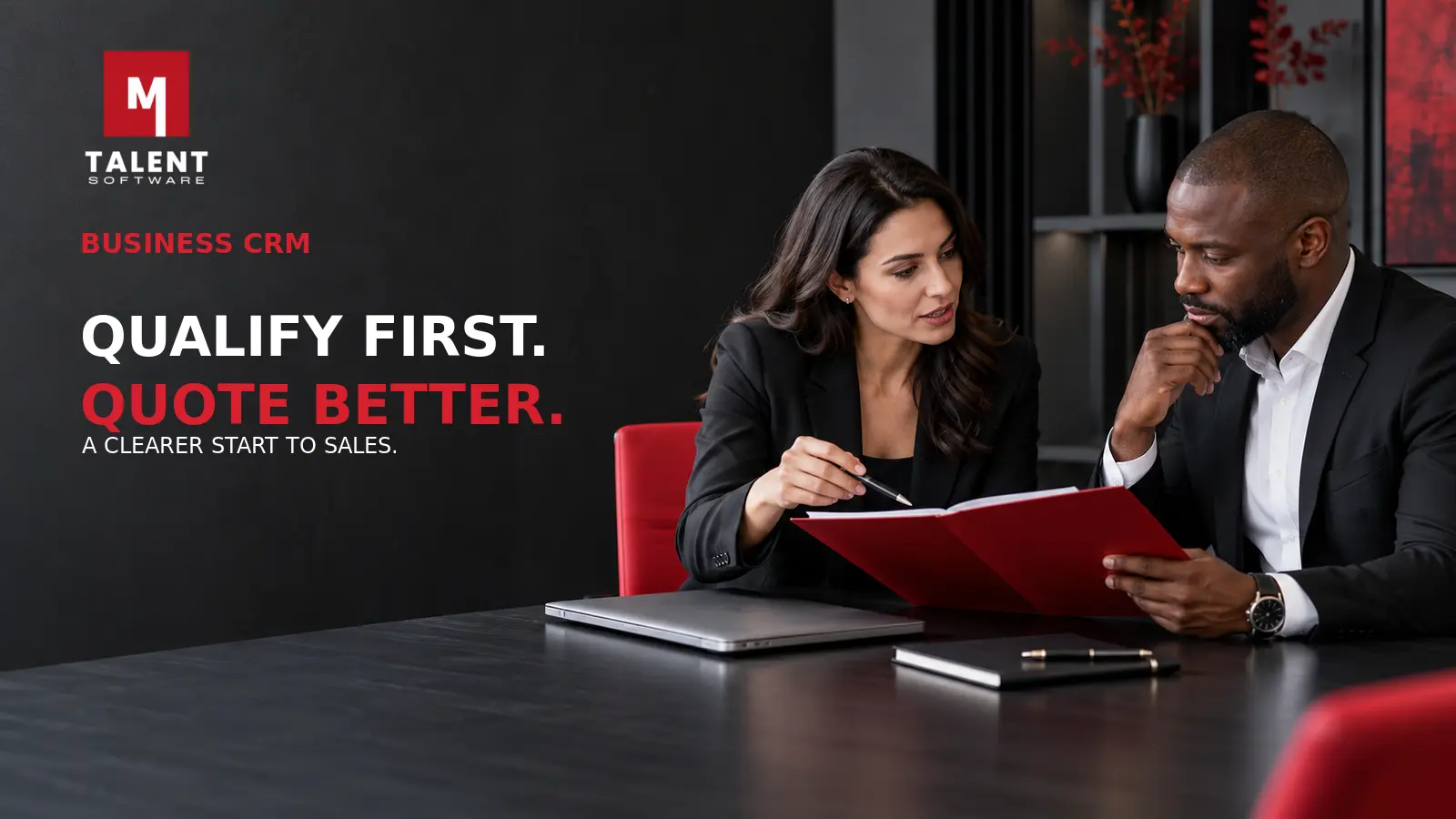 Sales consultant and prospective client reviewing a requirements brief before a quote